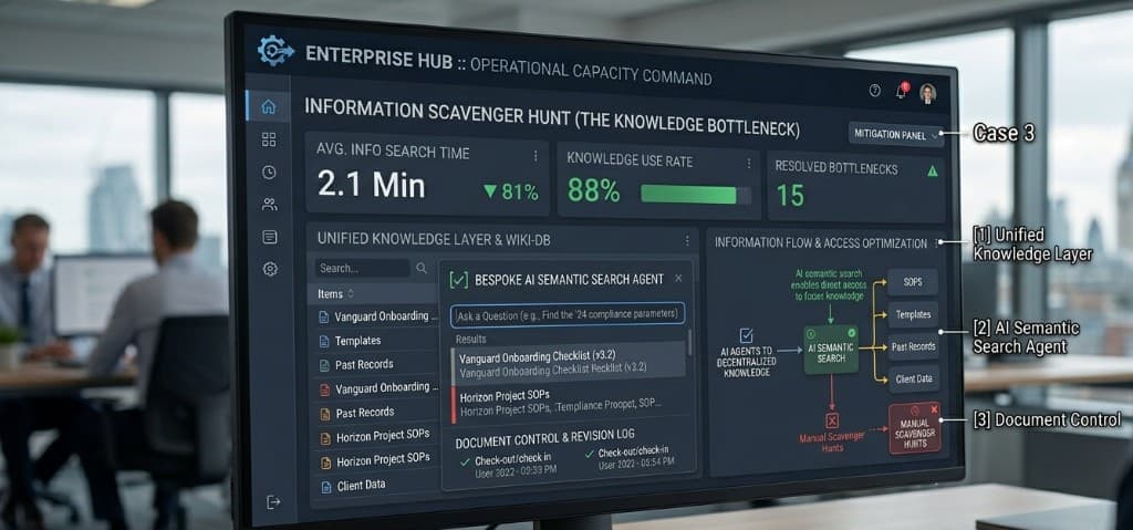 Enterprise Hub Operational Capacity Command — Information Scavenger Hunt dashboard with unified knowledge layer, AI semantic search agent, and document control